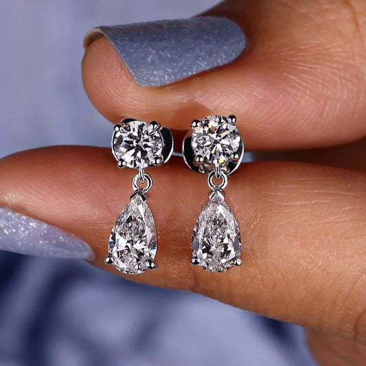 1.89 TCW Pear and Round Lab-Grown Diamond Dangle Drop Earrings